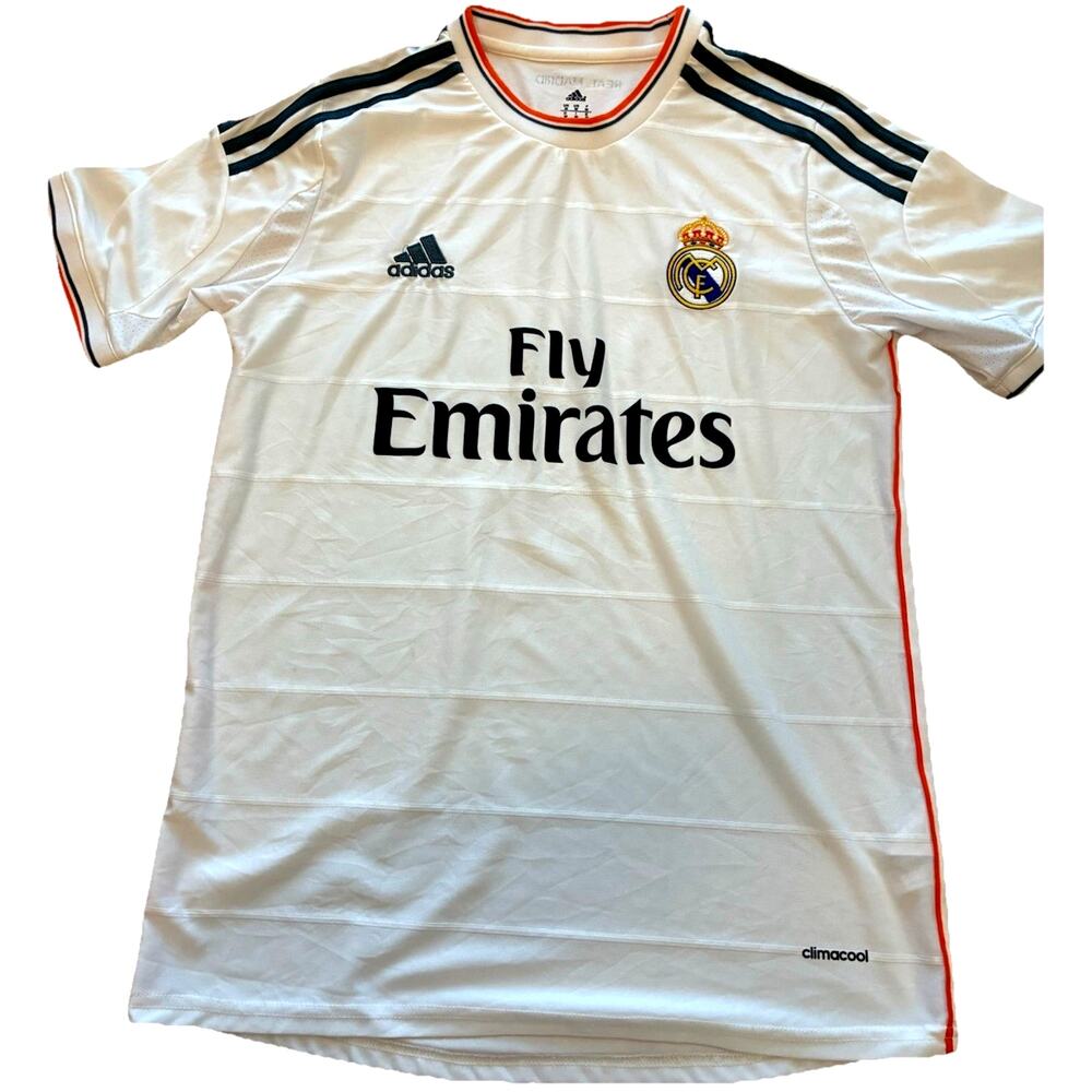Real Madrid Adidas Fly Emirates Soccer Jersey 3 Stripes Retro White Home 2016 M